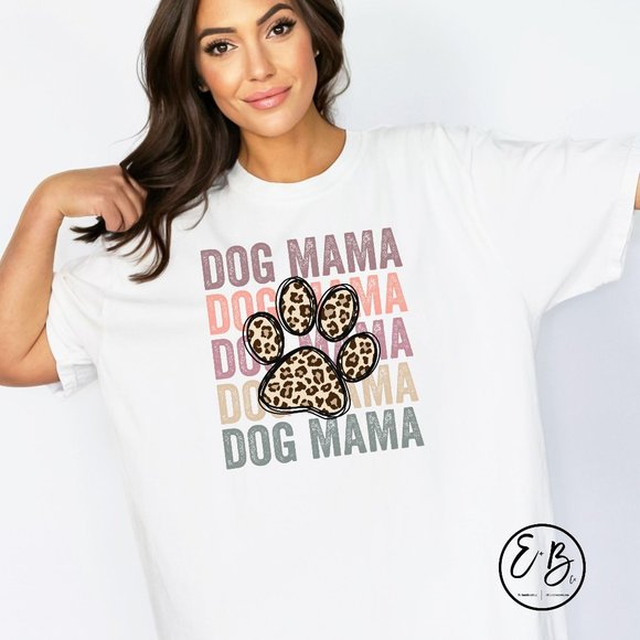 Trendy Leopard Print Paw Print Stacked Dog Mama Graphic Tee Shirt Crewneck - Picture 1 of 5